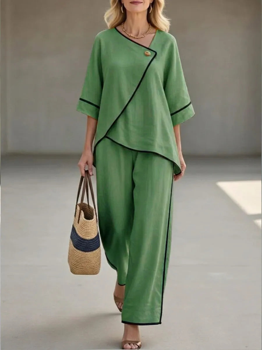 Women's Asymmetric Wrap Linen 2 Piece Pants Set