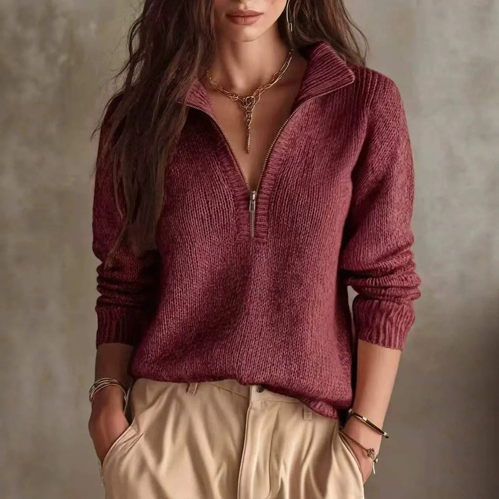 Relaxed Fit Half Zip Collar Knit Top Solid Long Sleeve Sweater
