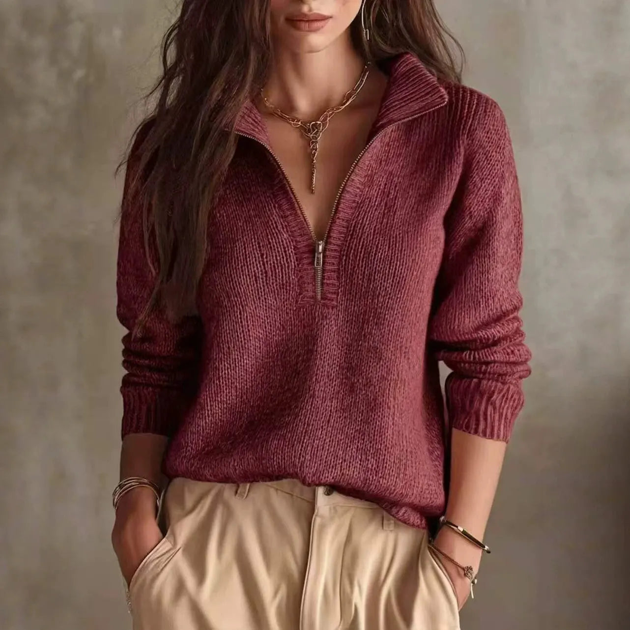 Relaxed Fit Half Zip Collar Knit Top Solid Long Sleeve Sweater