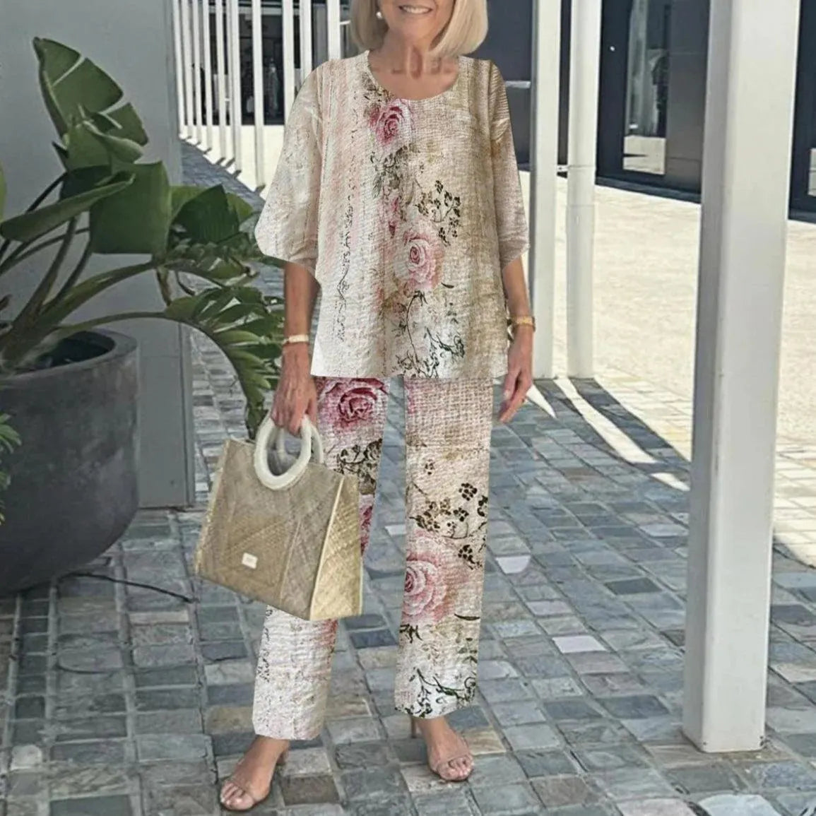 Women Round Neck Mid Sleeve Loose Top & Printed Straight Pants 2 Piece Co Ord Set