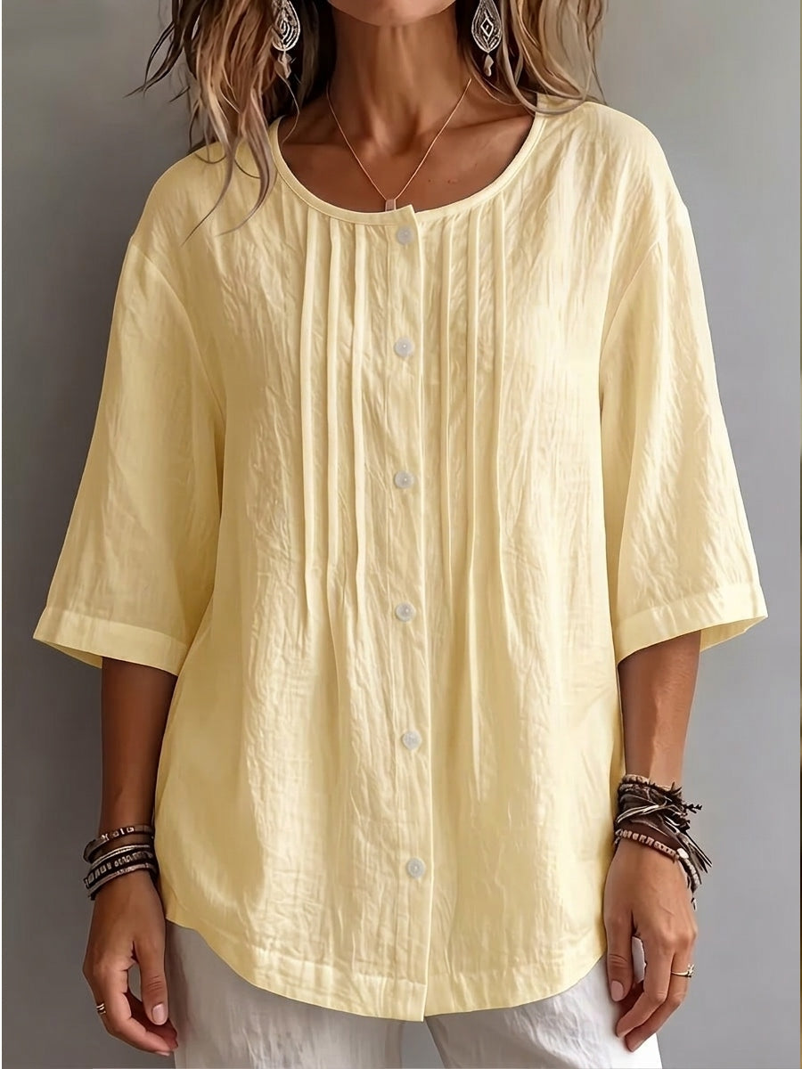 New Arrivals 🔥 Women's Round-Neck Pleated Shirt with 3/4 Sleeves