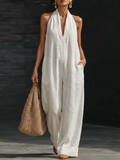 Halter Neck Linen Jumpsuit | Women's Wide Leg One Piece Outfit