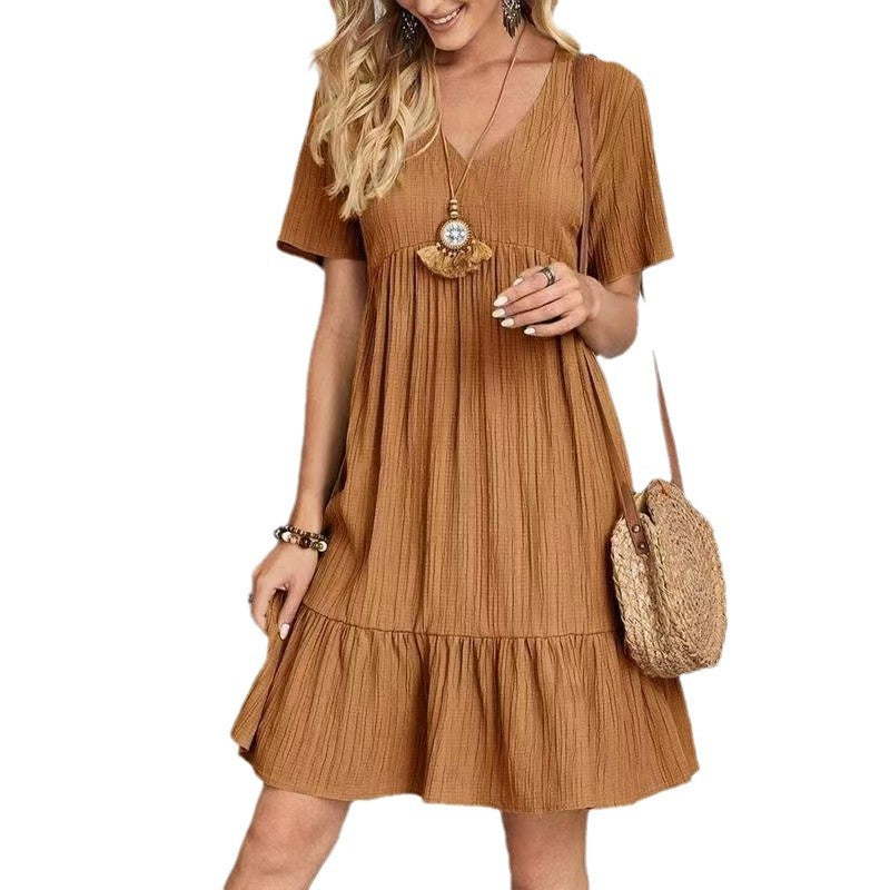 Loose-fitting casual short-sleeved fitted waist dress