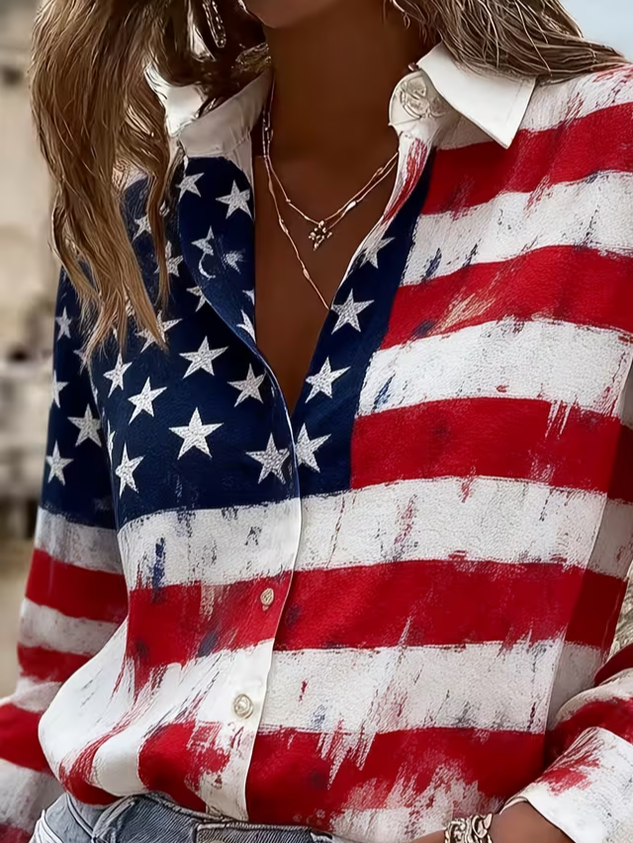 Women's Long Sleeve Shirt Spring/Fall As Picture America Flag Buckle Shirt Collar Regular Sleeve Daily Going Out Casual Top