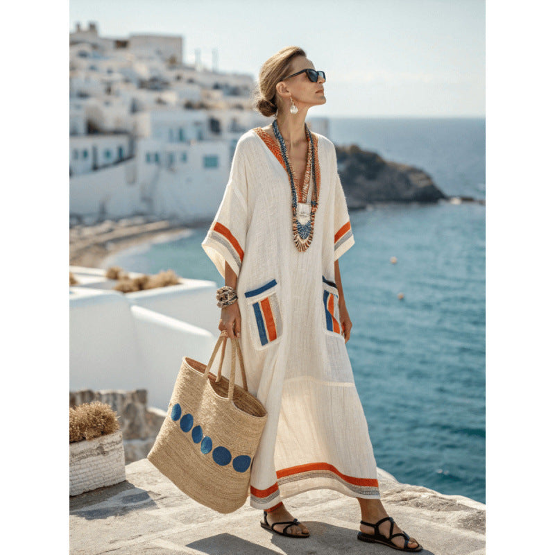 Women's V-Neck Linen-Blend Kaftan Dress