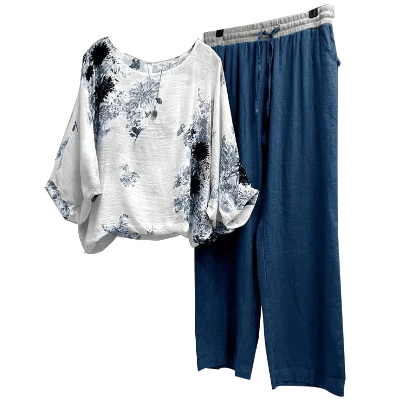 Women's Floral Print Two-Piece Set | Batwing Sleeve Top & Linen Wide Leg Pants