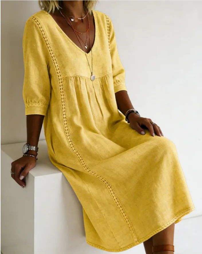 Women's Casual Loose-fitting Patchwork Lace Trim Linen And Cotton Dress
