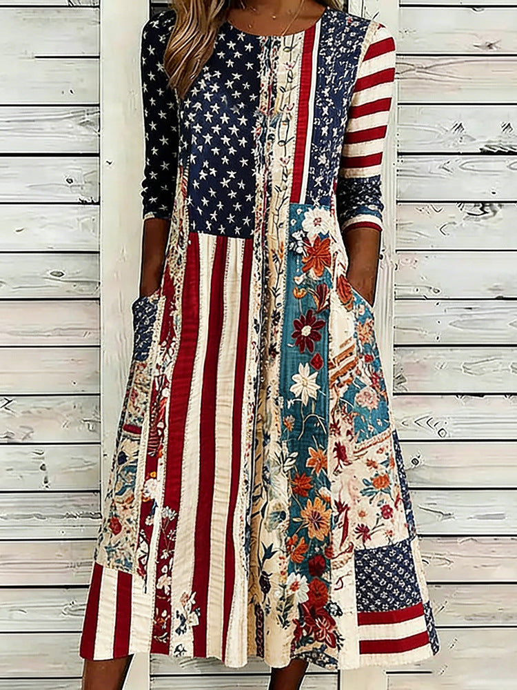 Loose-Fit Round-Neck Dress with Mid-Length Sleeves and Side Pockets