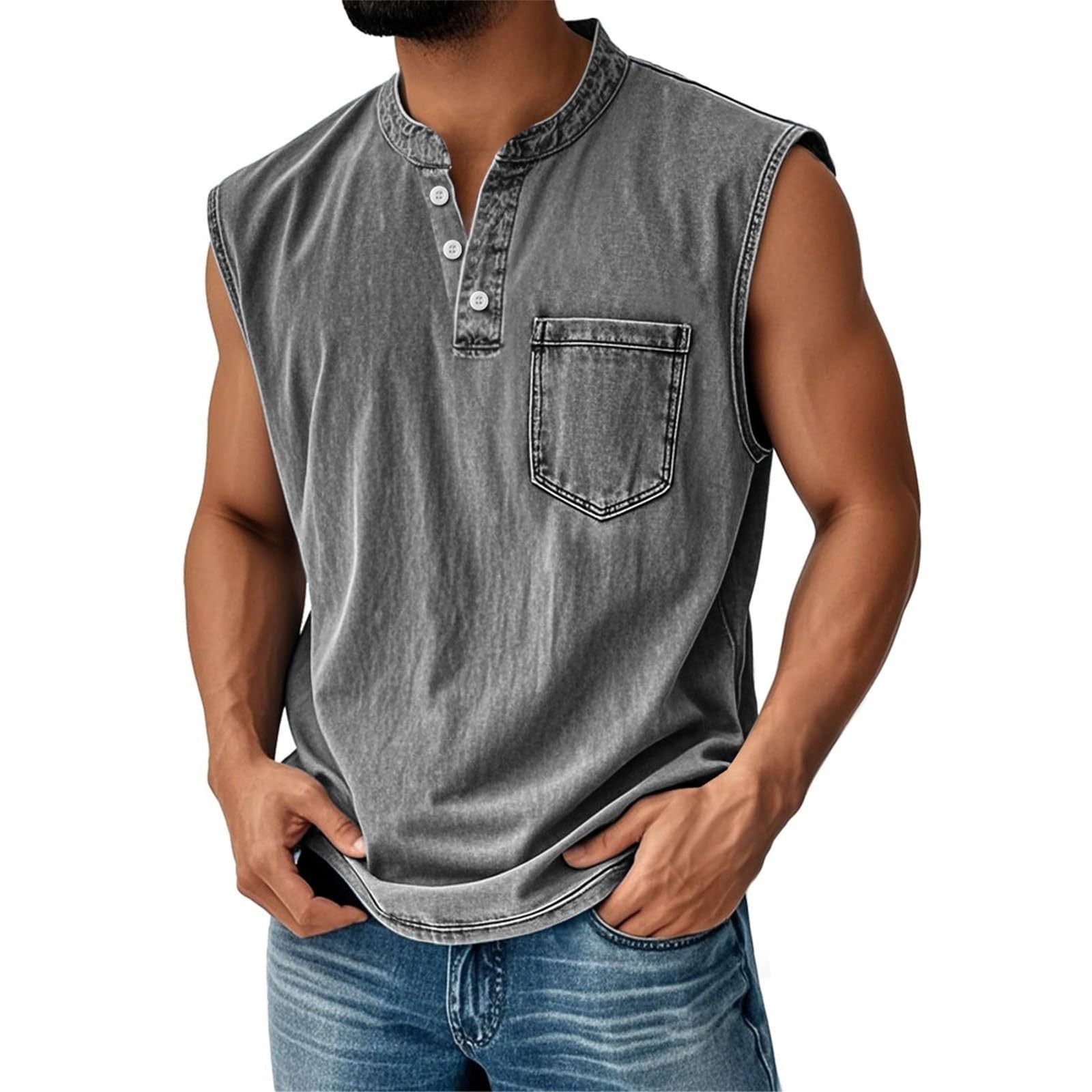Men Stand Collar Henley Sleeveless Tank Top