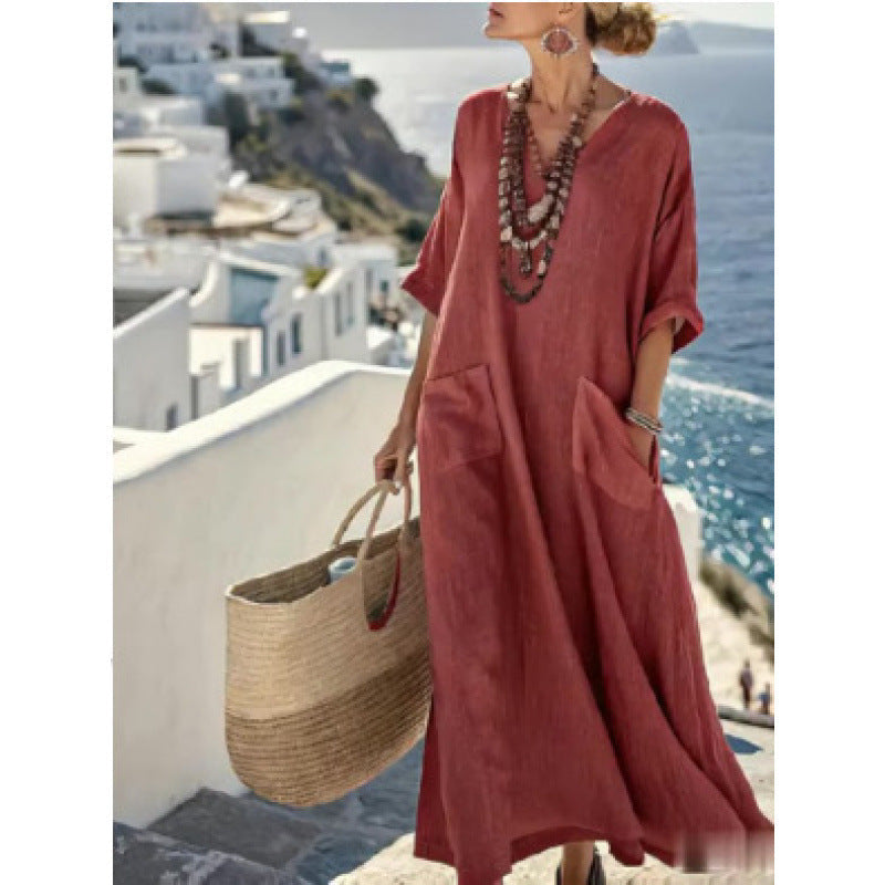 Women's V-Neck Linen-Blend Kaftan Dress