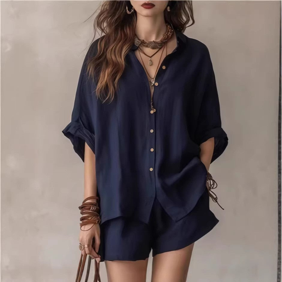 Solid-color loose button-down shirt and shorts set – stylish, casual plus-size matching set