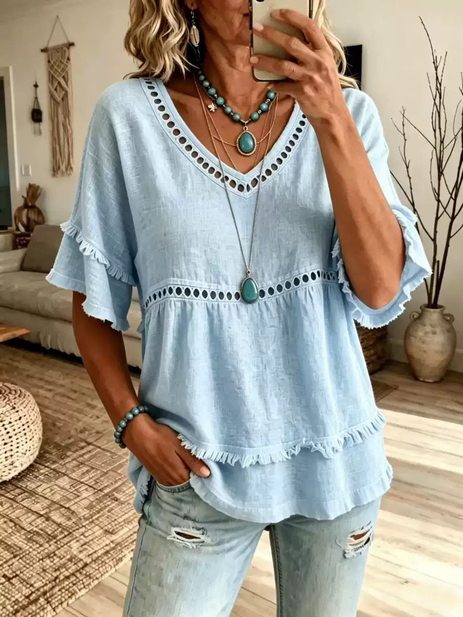 Women's V-Neck Eyelet Ruffle Trim Peplum Blouse