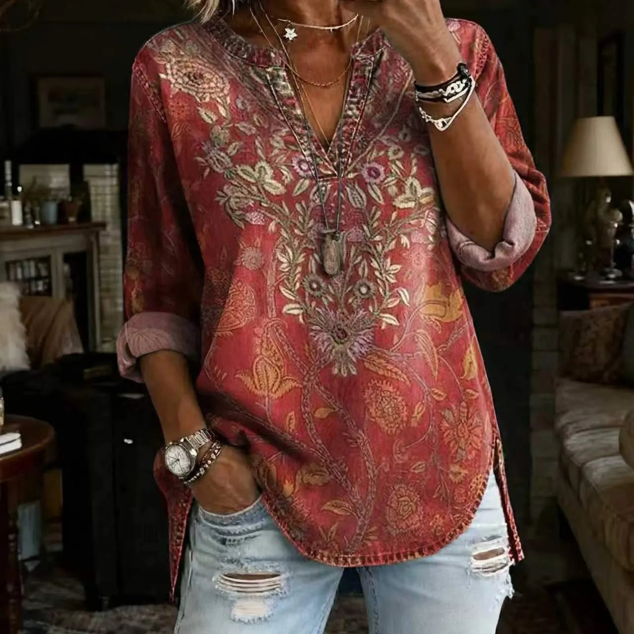 Bohemian Graphic Print Women Tunic Top Notch Collar Half Placket 3/4 Sleeve Pocket Casual Daily Blouse