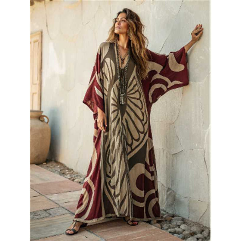 Women's V-Neck Linen-Blend Kaftan Dress