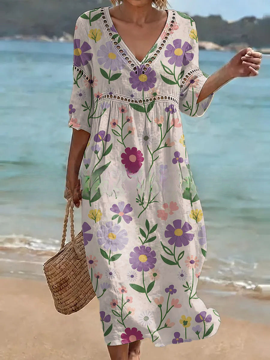 Women's V-Neck Floral & Print Midi Dress