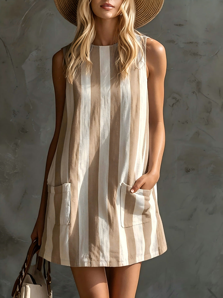 Summer Resort Women Vertical Stripe Loose Mini Dress