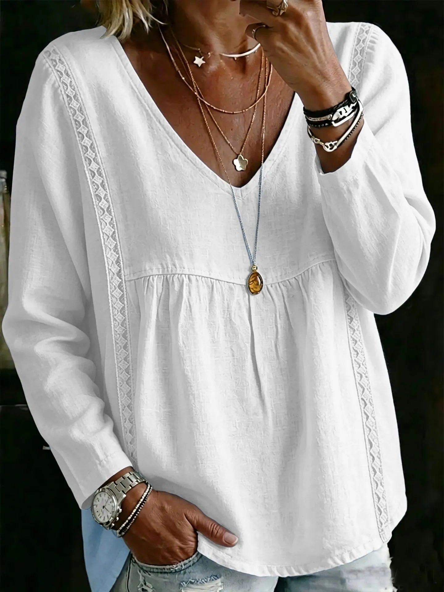 Minimalist Solid Color Crochet Edging Long Sleeve Shirt Deep V Neck Tiered Relaxed Vacation Blouse