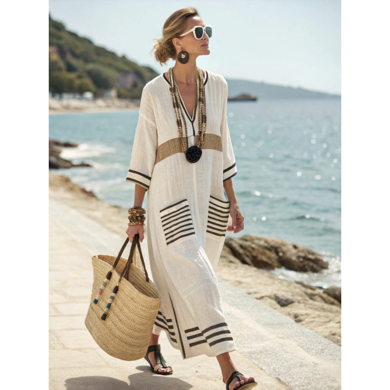 Women's V-Neck Linen-Blend Kaftan Dress