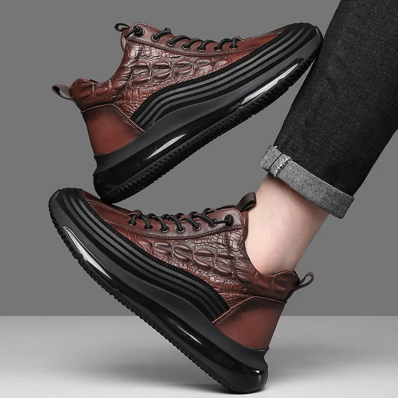 Mens Crocodile Print Genuine Leather Non-slip Arch Support Casual Sneakers