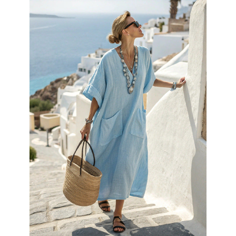 Women's V-Neck Linen-Blend Kaftan Dress