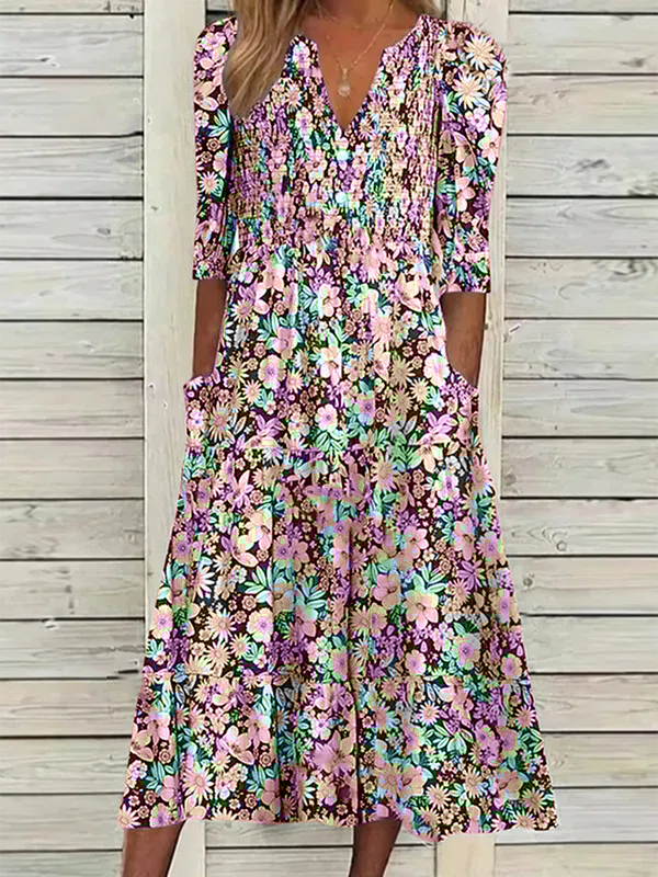 Floral V neck Casual Half sleeve Dress