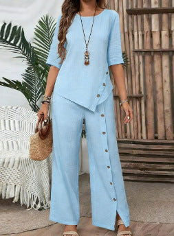 Women Irregular Hem Button Detail Top & Side Slit Wide Leg Pants 2 Piece Linen Look Set