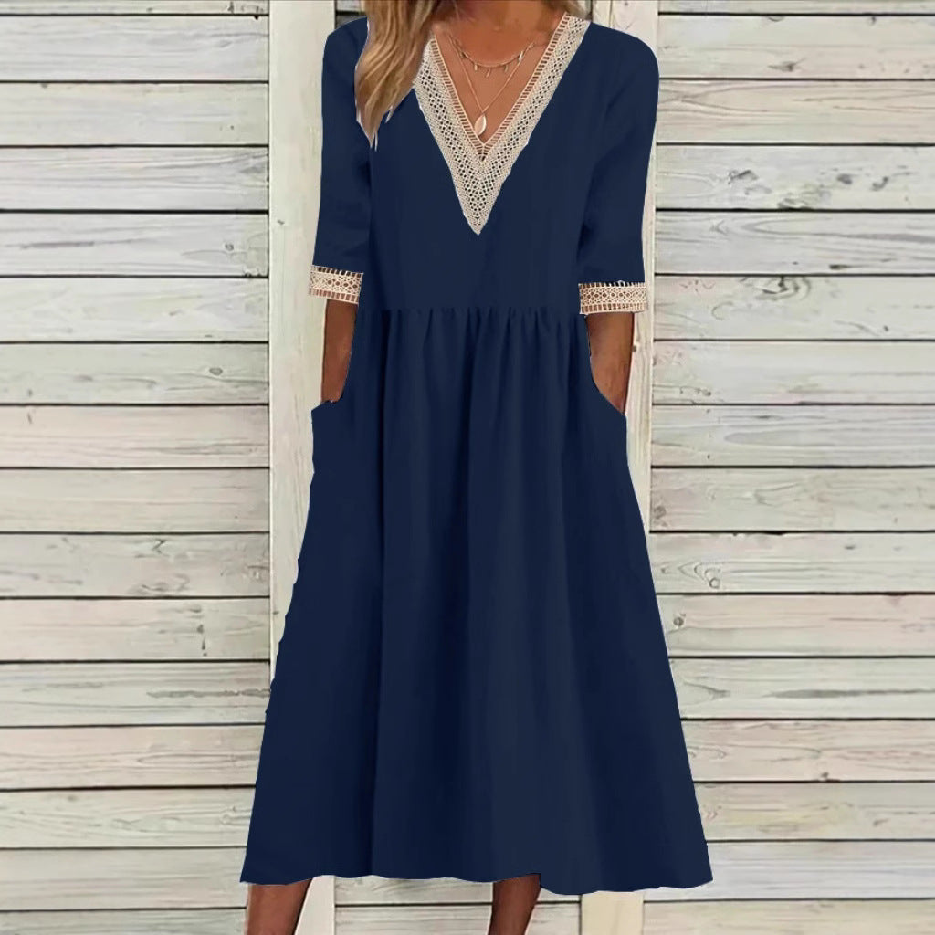 Women's V-Neck Lace Trim Midi Dress