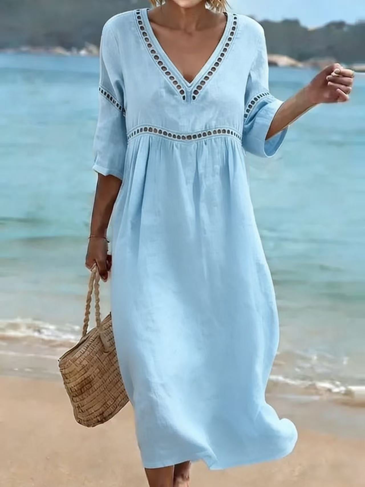 Elegant and casual V-neck solid color dress