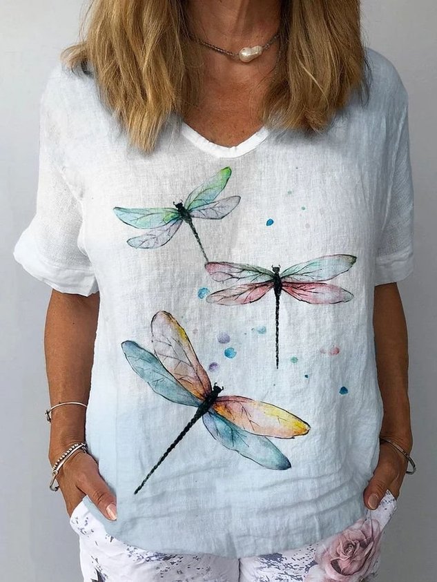Cotton And Linen Butterfly Elegant T-Shirt