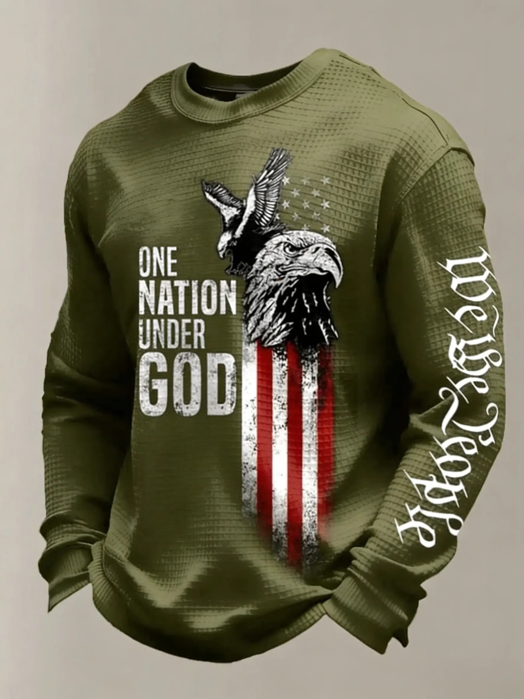 Men's One Nation Under God Retro Eagle & Flag Print Waffle-Knit Long-Sleeve Top