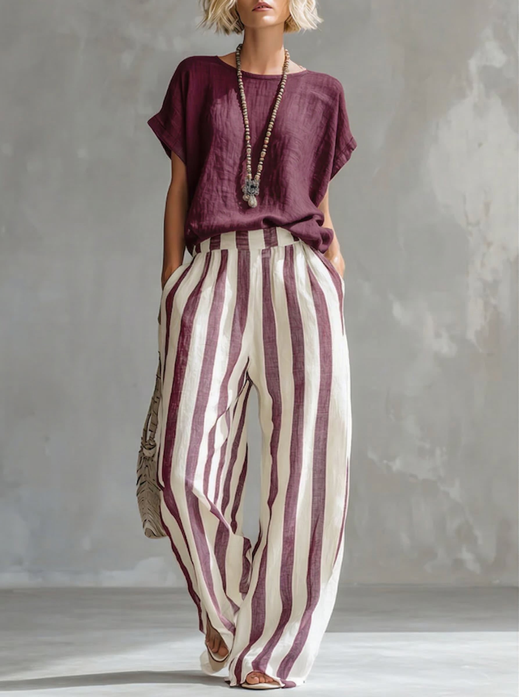 Linen Cotton Two Piece Set | Women's Striped Casual Outfit