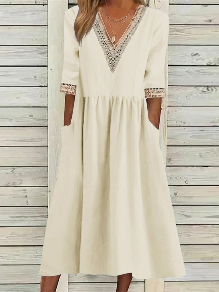 Women's V-Neck Lace Trim Midi Dress