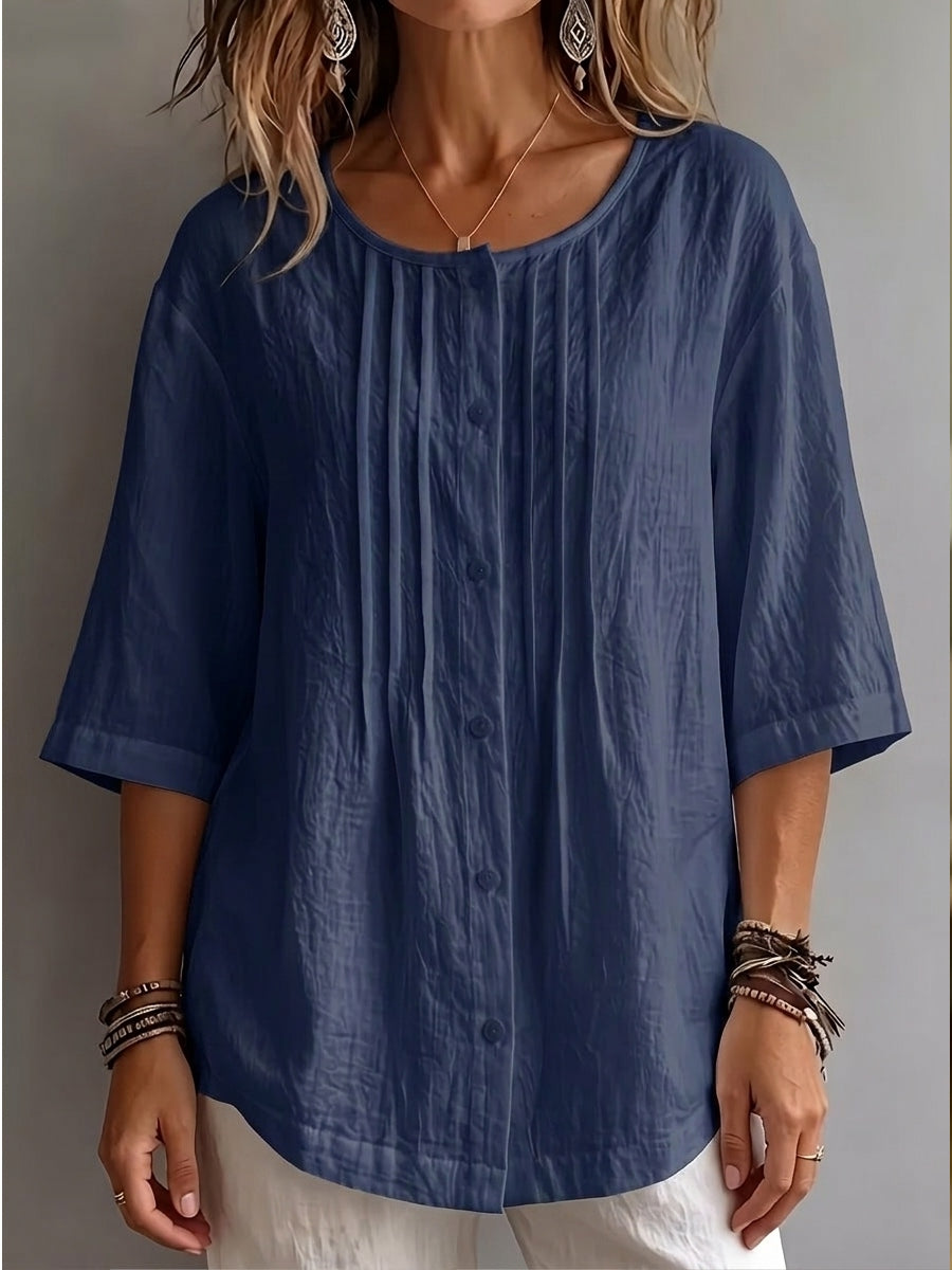 New Arrivals 🔥 Women's Round-Neck Pleated Shirt with 3/4 Sleeves