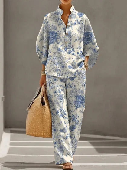 Stand-up collar polo shirt & wide-leg pants retro print two-piece set