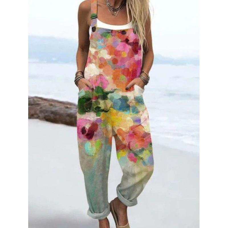 Printed Loose Overalls | Women's Casual Sleeveless Jumpsuit
