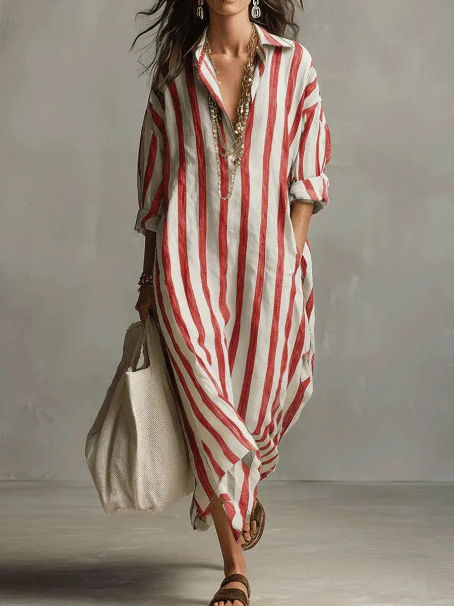 Minimalist Vertical Stripe Cotton Long Shirt Dress Oversized Relaxed Fit Side Pocket Vacation Resort Midi Maxi Dress