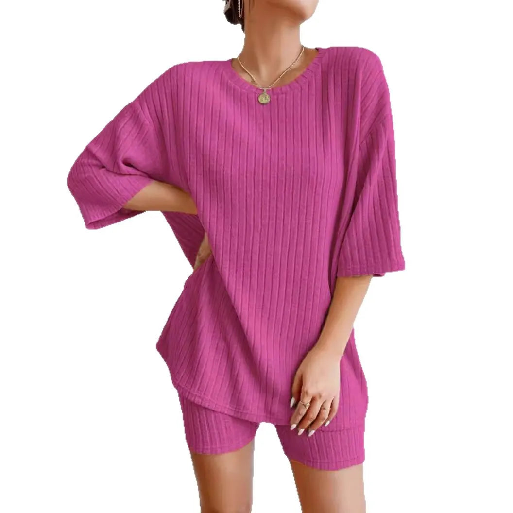 Women Crew Neck Drop Shoulder Half Sleeve Top & High Waist Shorts 2 Piece Loungewear Set