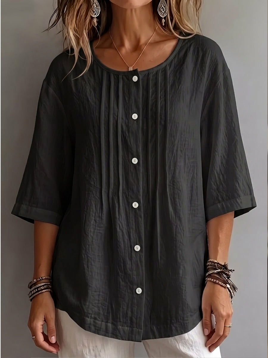 New Arrivals 🔥 Women's Round-Neck Pleated Shirt with 3/4 Sleeves