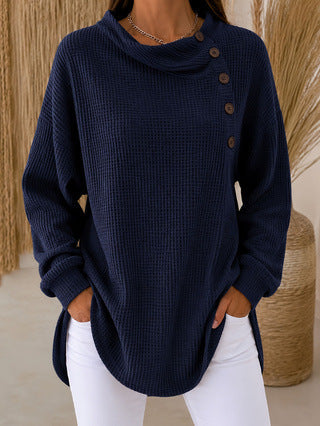 Stylish Asymmetrical Button Waffle Knit Tunic With Side Slit