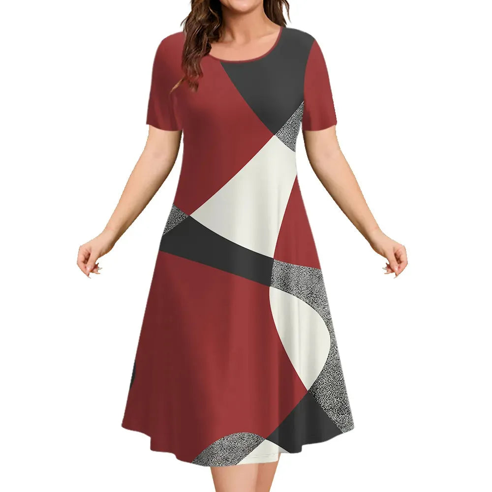 Women Geometric Color Block Short Sleeve Midi Dress