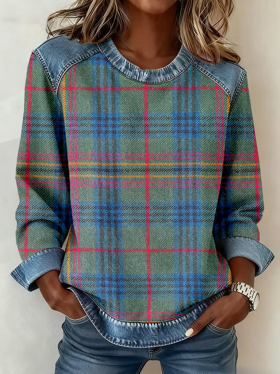 Denim Collar Patchwork Knit Pullover
