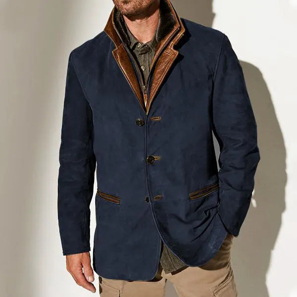 Men's Western Jackets Fleece Vintage Suede Leather Jacket 1/4 Zipper Button Winter Coat Casual Retro Outerwear
