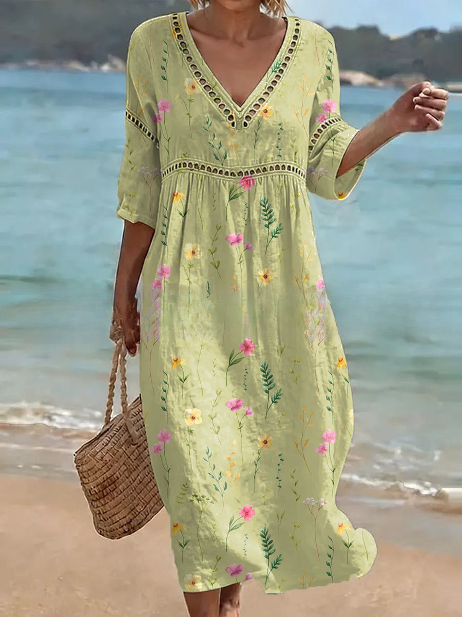 Women's V-Neck Floral & Print Midi Dress