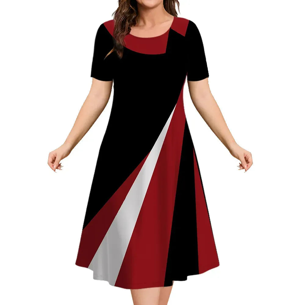 Women Geometric Color Block Short Sleeve Midi Dress