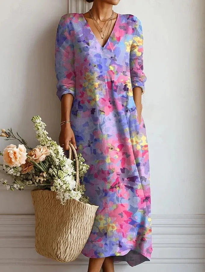 Women's Boho Floral Print Linen Maxi Dress