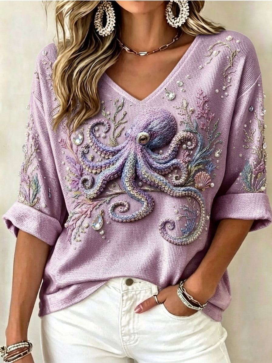 Women's Ocean Embellished V-Neck Knit Top – Relaxed Rolled Sleeve Style