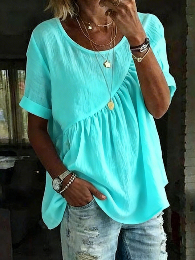 Cotton Shirt Sleeve Round Neck Summer Casual Top