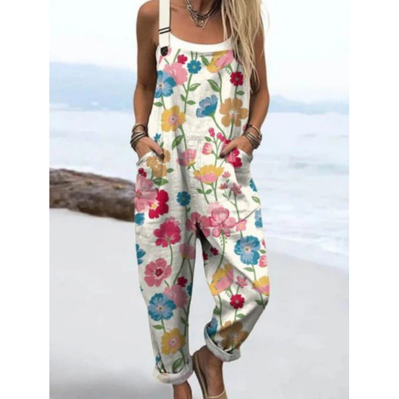 Printed Loose Overalls | Women's Casual Sleeveless Jumpsuit