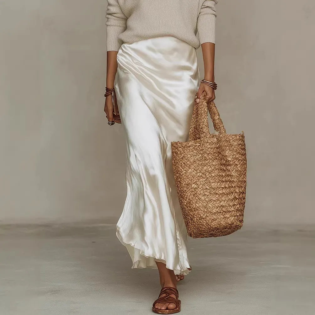 Women V Neck Loose Knit Pullover Satin Spaghetti Strap Midi Dress Layered 2 Piece Outfit Set