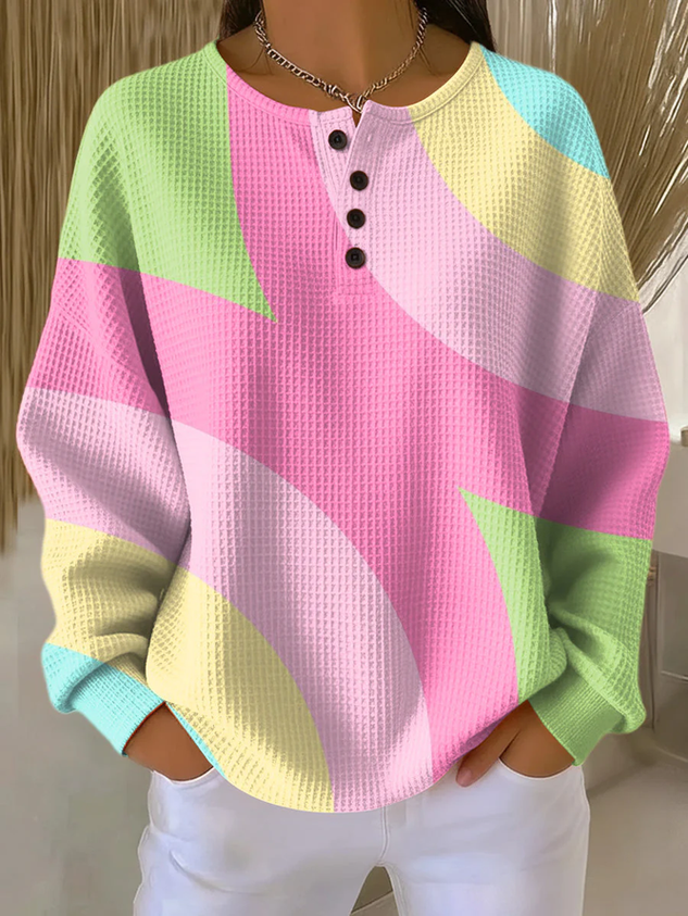 Women's Abstract Print Button-Up Casual Waffle Knit Sweatshirt